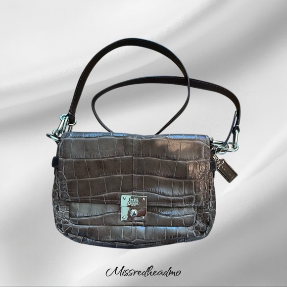 Coach Brown Croc-Embossed Leather Shoulder Bag - Picture 1 of 7
